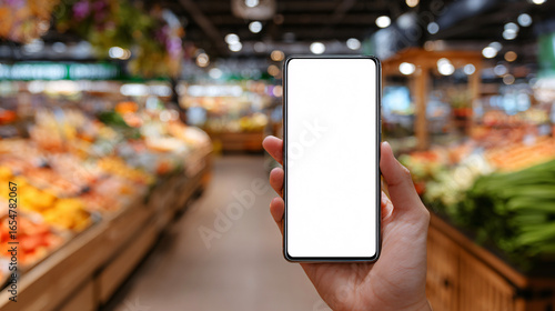 Hand Holding Smartphone with Empty Screen in Grocery Store Background