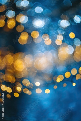 Abstract bokeh, warm gold and cool blue lights