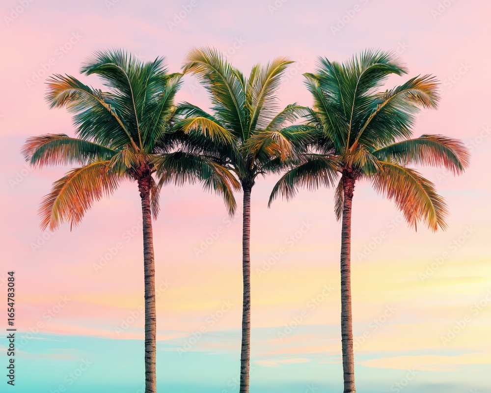 Obraz premium Three palm trees stand against a pastel sky, creating a serene tropical scene at sunset.