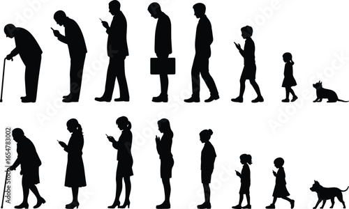 Silhouette evolution of humans with phones, generational shift illustration, mobile addiction concept, walking figures, technology impact, age progression, black vector, isolated design