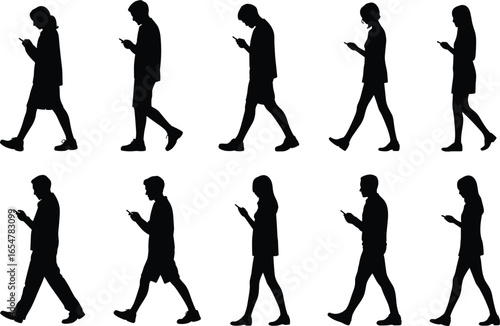 Silhouette people walking with phones, mobile addiction concept, generational tech habits, smartphone users, black vector illustration, distracted walking, modern lifestyle