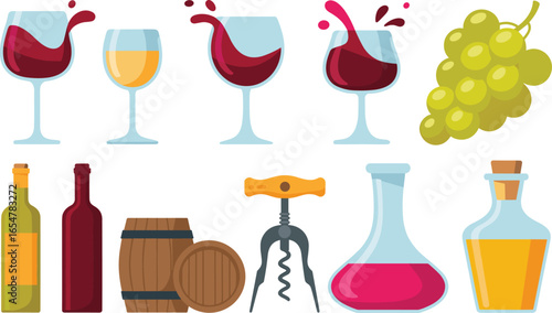 Wine glasses and bottles, corkscrew, grape bunch, barrel, red and white wine icons, vineyard tools, cartoon style, beverage illustration, tasting concept