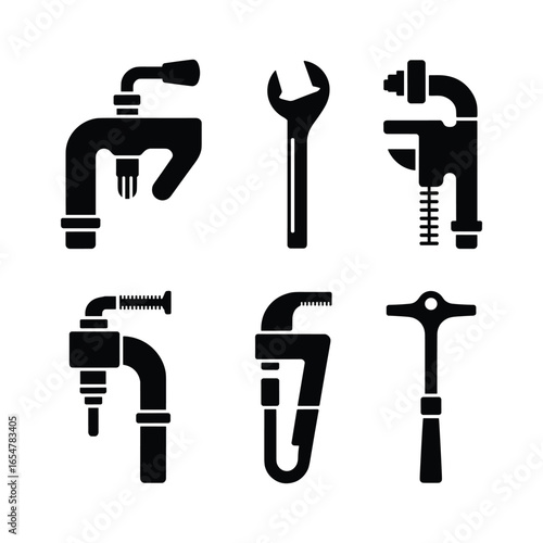 Collection of plumbing tools and fixtures in black silhouette style