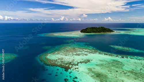 Wallpaper Mural A breathtaking aerial view of a tropical island fringed by vibrant coral reefs, showcasing the turquoise waters and a lush green island in the distance. Torontodigital.ca