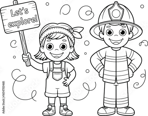 Smiling kids illustration, cartoon firefighter and little girl holding sign, children coloring page, fun learning activity, explore adventure drawing art
