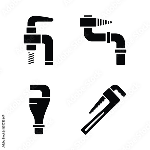 Four black silhouette icons representing plumbing tools and fixtures on a white background