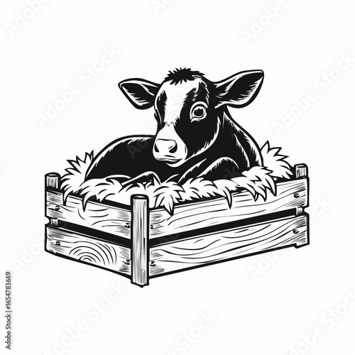 Newborn Calf Resting Comfortably Inside a Wooden Crate Filled with Soft Hay in Vector Art