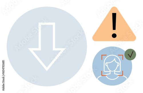 Downward arrow, caution triangle with exclamation mark, and verified user symbol emphasize process, warning, approval. Ideal for security, authentication, download, file sharing user validation