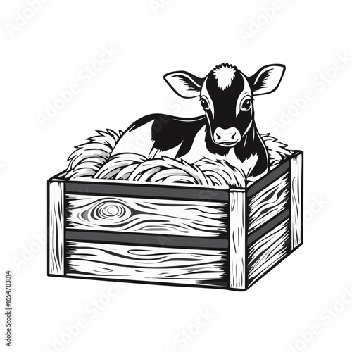 Newborn Calf Resting Comfortably Inside a Wooden Crate Filled with Soft Hay in Vector Art
