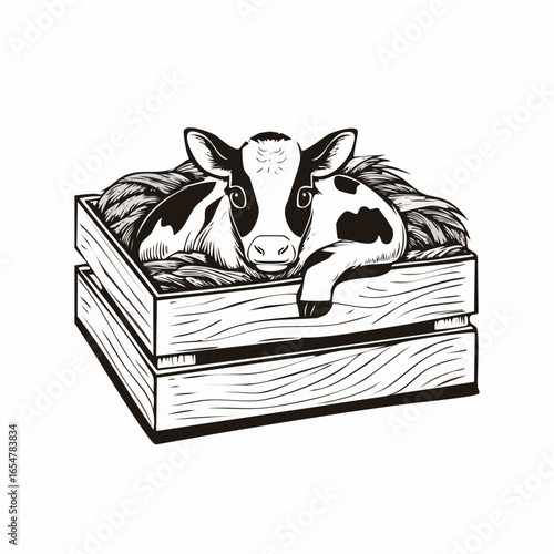 Newborn Calf Resting Comfortably Inside a Wooden Crate Filled with Soft Hay in Vector Art