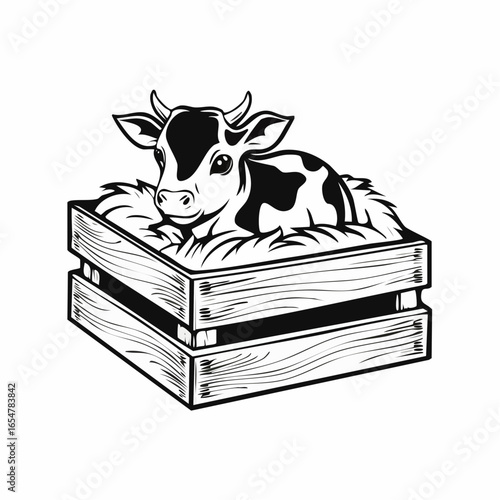 Newborn Calf Resting Comfortably Inside a Wooden Crate Filled with Soft Hay in Vector Art