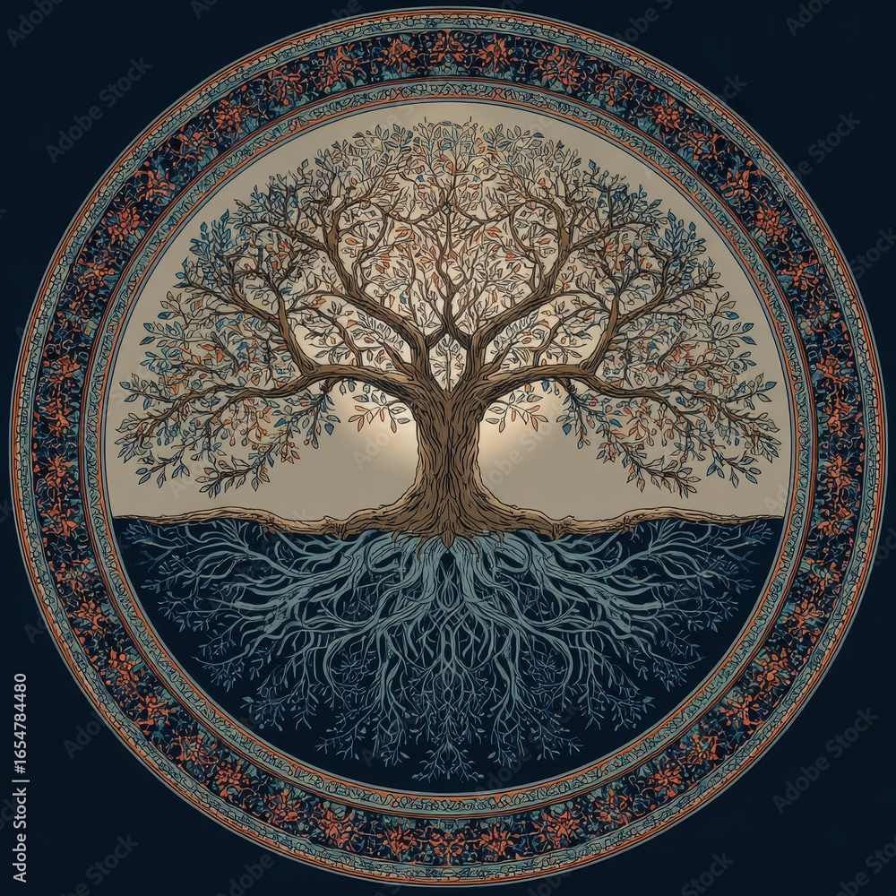 Fototapeta premium Tree of life art on patterned circular rug, roots spreading, for decor use