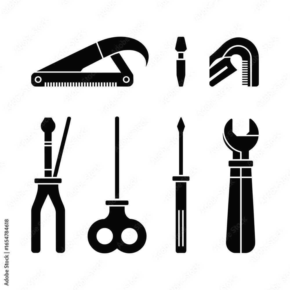 Obraz premium Collection of silhouetted hand tools for repair and maintenance