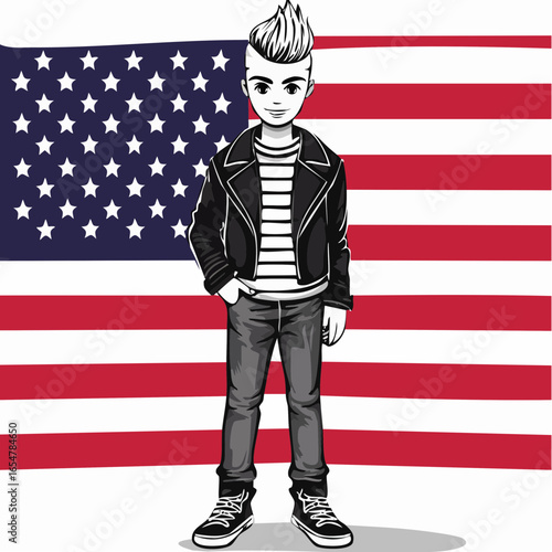 Punk Kid Standing and Posing Confidently in Front of the American Flag in a Vector Illustration