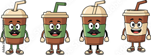 Cartoon coffee cup characters with faces, cute espresso mascots, takeaway drink design, happy latte illustration, coffee shop branding, funny beverage icons, barista theme art