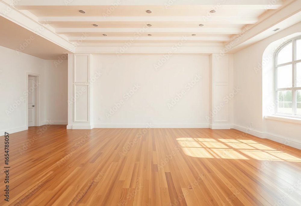 Fototapeta premium Vast empty room, pristine white walls, warm wooden floor , interior design, white walls
