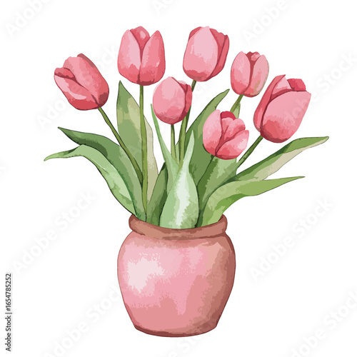 Watercolor Bouquet of Pink Tulips in a Rustic Pink Vase
