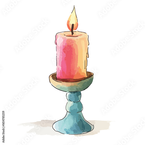 Watercolor Candle Burning with a Bright Flame on a Decorative Candlestick