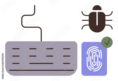 Keyboard and bug symbolizing a cyber threat, fingerprint with green check indicating secure access. Ideal for cybersecurity, hacking prevention, authentication, technology, data protection, privacy