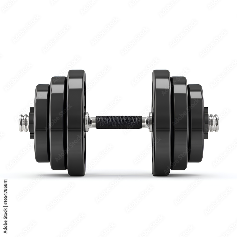 Fototapeta premium Black dumbbell with multiple weight plates isolated on white background fitness equipment workout strength training gym exercise weights