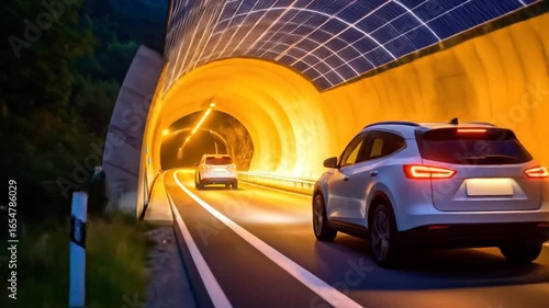 Electric Cars Driving Through Solar-Powered Tunnel at Night