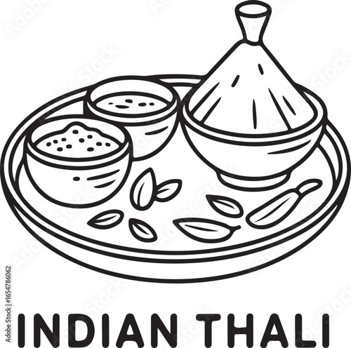 Simple black line art of Indian thali plate with spice bowls, clean restaurant logo.