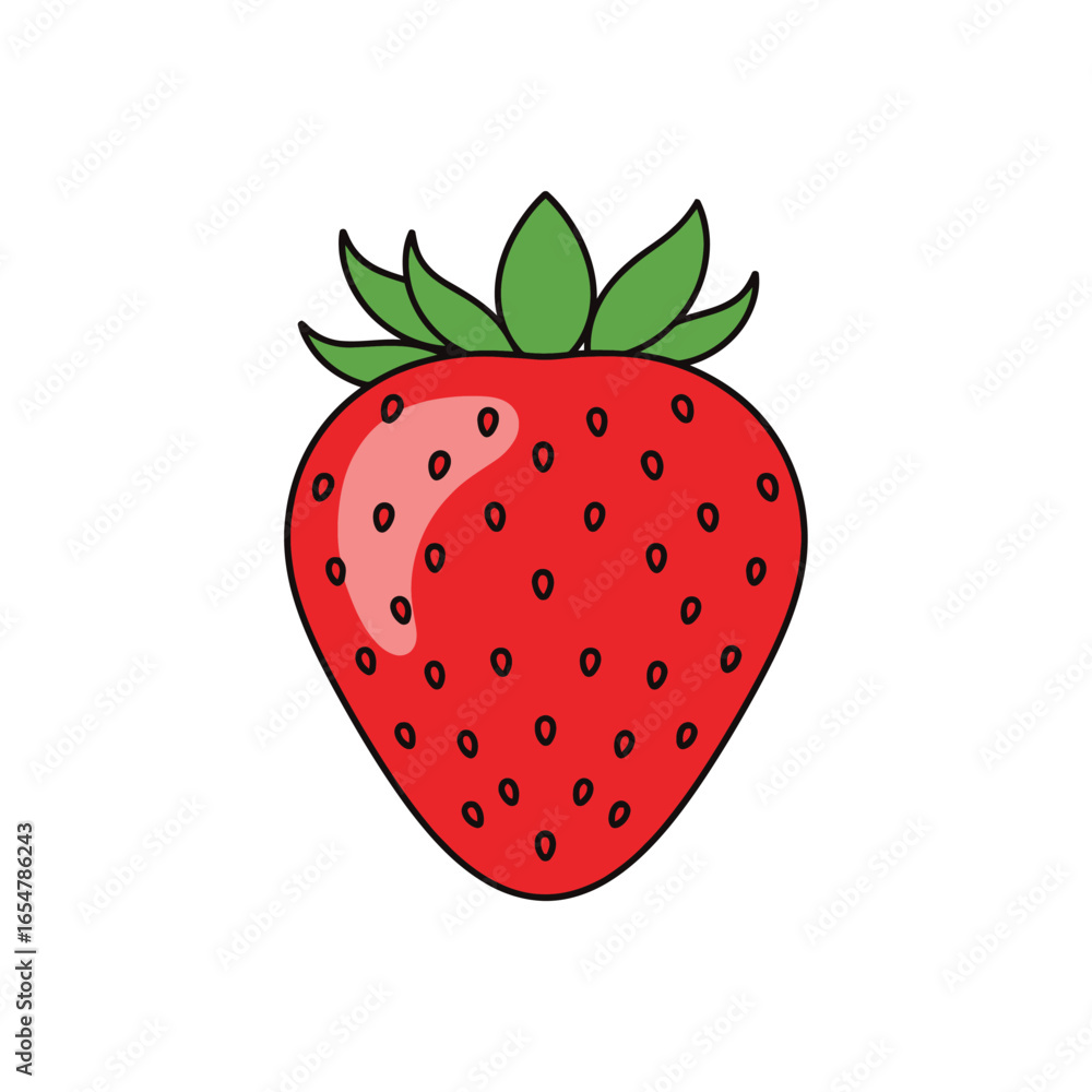 Fototapeta premium A single, ripe strawberry with green leaves, depicted in a simple, clean illustration style.