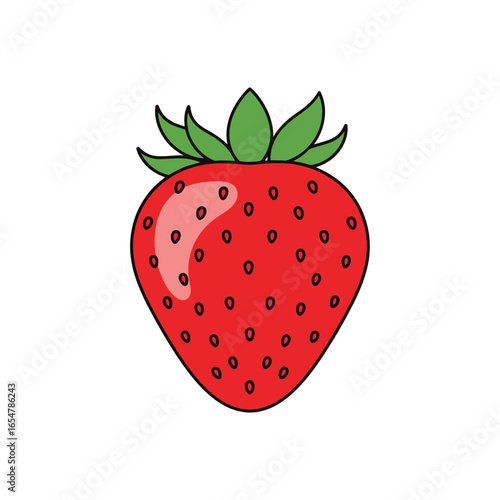 A single, ripe strawberry with green leaves, depicted in a simple, clean illustration style.