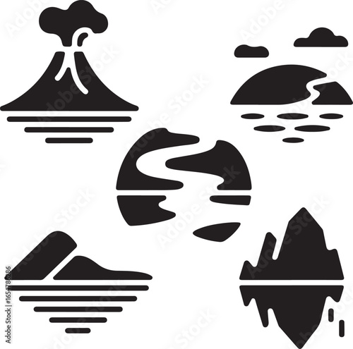 Stylized Black Silhouettes Of Natural Landscapes And Geological Formations nature volcano
