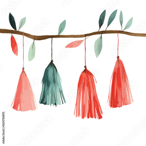 Watercolor Branch with Hanging Tassels and Leaves in Various Colors