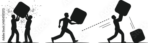 Vector art of silhouettes of people struggling to lift a heavy cube, symbolizing effort and challenge