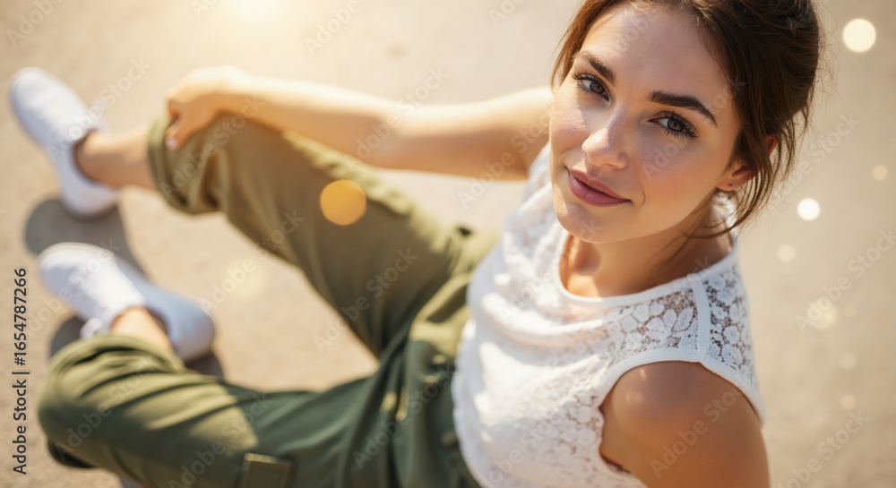 Fototapeta premium Woman in white lace top and olive green pants sitting with hand behind head. Casual summer fashion for lifestyle brands and clothing advertisements