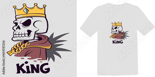 A bold illustration of a skeleton skull wearing a king's crown and gold chain with the text "King."