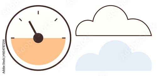 Circular gauge displaying measurement with clouds above and below. Ideal for weather forecast, environment, sustainability, air quality, renewable energy, nature, climate change. Minimal flat
