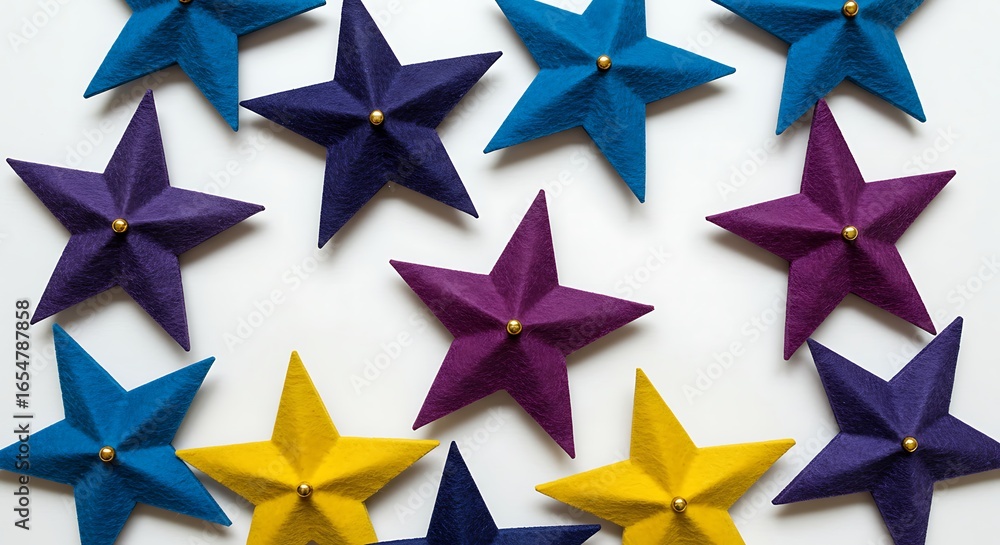 Obraz premium Colorful Felt Stars Blue Purple Yellow on White Background