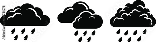 Black cloud icons with rain drops for weather forecast and design elements