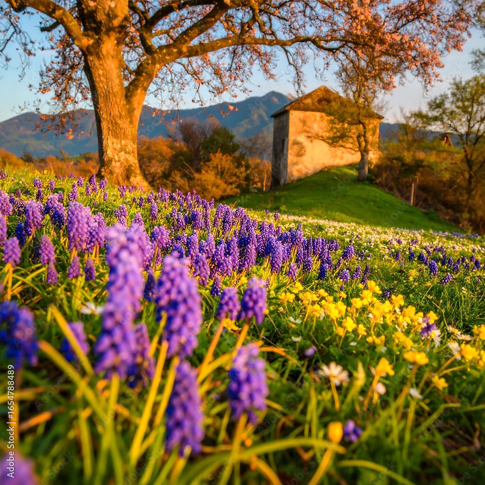 Obraz premium Spring wildflowers, old house, tree