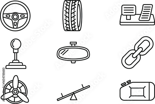 Vehicle parts and components icons set for design and transportation concepts