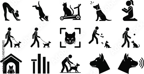 Simple pet icons showcasing dog training, cat exercises, and animal care.