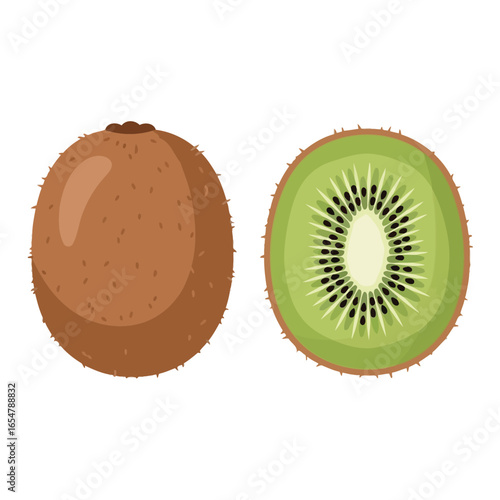 Illustration of a whole kiwi fruit and a kiwi fruit cut in half, showing the green flesh and black seeds.