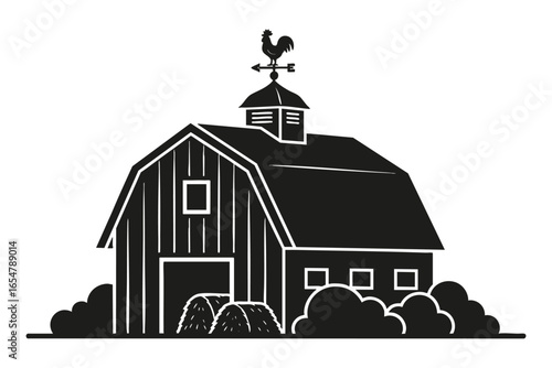 Barn silhouette monochrome clip art illustration with weather vane representing farming, agriculture, and country lifestyle