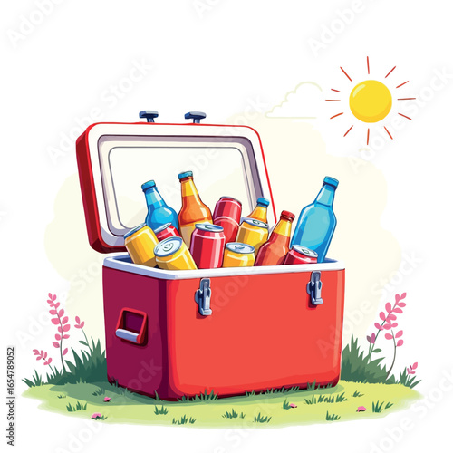 Vsai red cooler box full of drinks on grass under shining sun