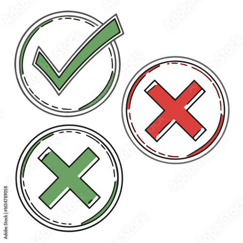 Vector illustration of approval and rejection symbols in a round check and cross design for user interface and applications