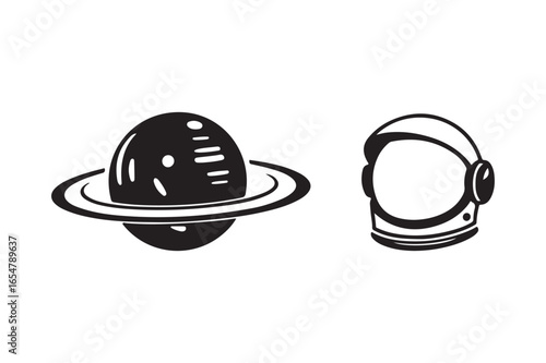 Astronaut helmet and ringed planet illustration