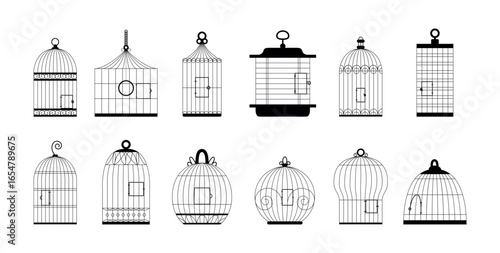 Black cages set. Cage for birds different design. Isolated decorative interior elements, wall stickers, objects for banners and posters, vector clipart