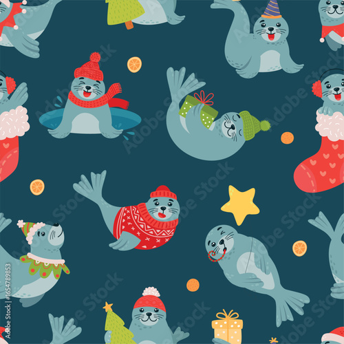 Funny seals with christmas elements. New year cartoon seal with gift, wear hat and scarf. Children print for fabric or wallpaper, decorative vector background