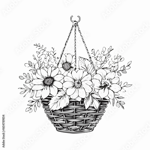 Hanging flower basket vector illustration isolated on white background.
