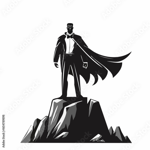 Dracula Standing Proudly on a Large Rock with a Billowing Cloak in Dramatic Style vector image.