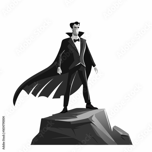 Dracula Standing Proudly on a Large Rock with a Billowing Cloak in Dramatic Style vector image.