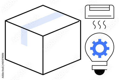 Cubic package with tape seal, air conditioner emitting warm steam, and light bulb containing a gear. Ideal for logistics, innovation, efficiency, shipping, climate control, technology teamwork
